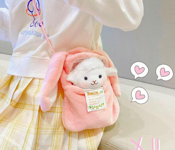 Kawaii Detachable Sheep Plushie Sling Bag - Pink