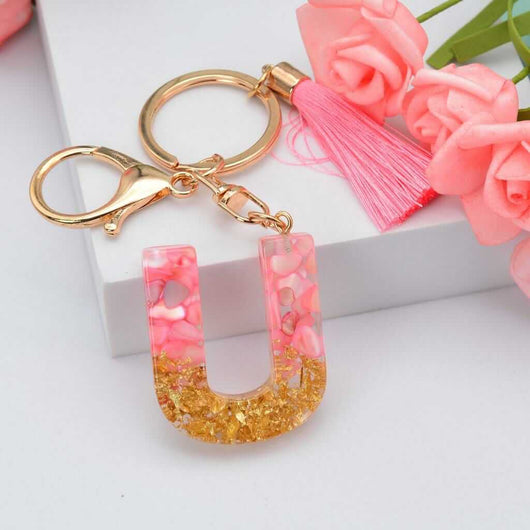 Alphabet Resin Keychain - Golden & Pink - Alphabet keychains