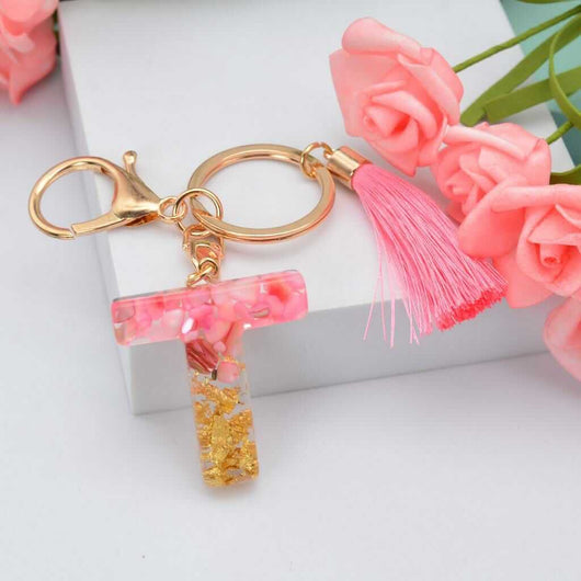 Alphabet Resin Keychain - Golden & Pink - Alphabet keychains