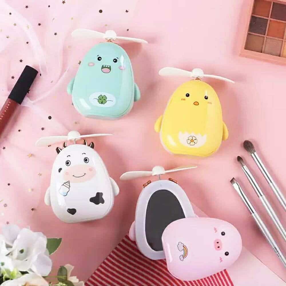 Kawaii Baby Animal Portable Mirror With Light Fan Single Piece
